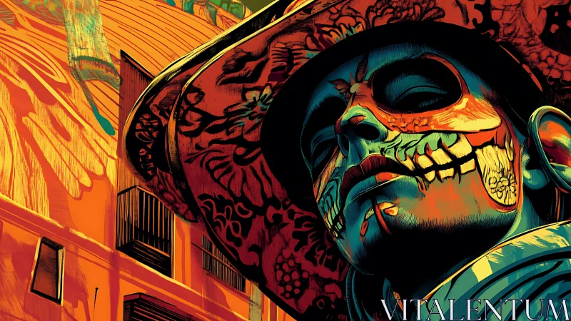 Chromatic calavera portrait with architectural urban overlays.