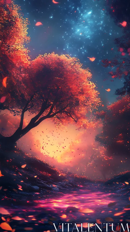 Tree-lined path under illuminated sky in stylized forest.