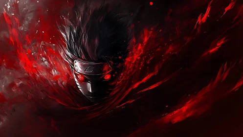 Red-saturated ninja portrait uses dynamic motion blur and high contrast