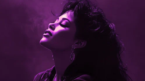 Purple-lit woman exhales serenity in cinematic side profile