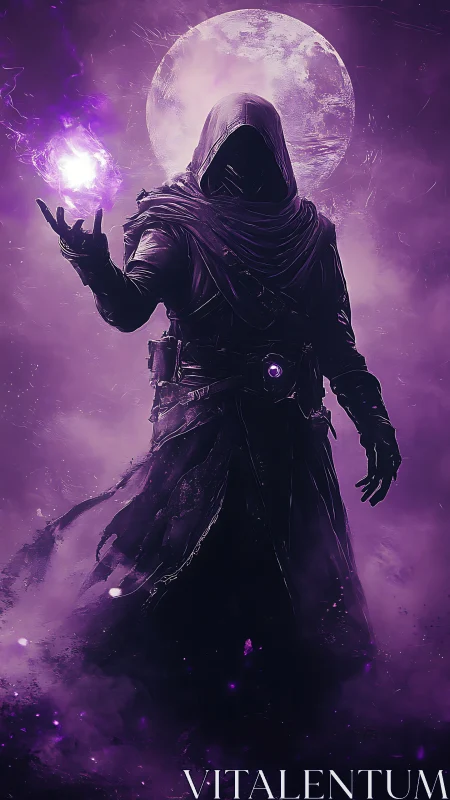 Moonlit voidmage toys with violet stormfire in drifting fog