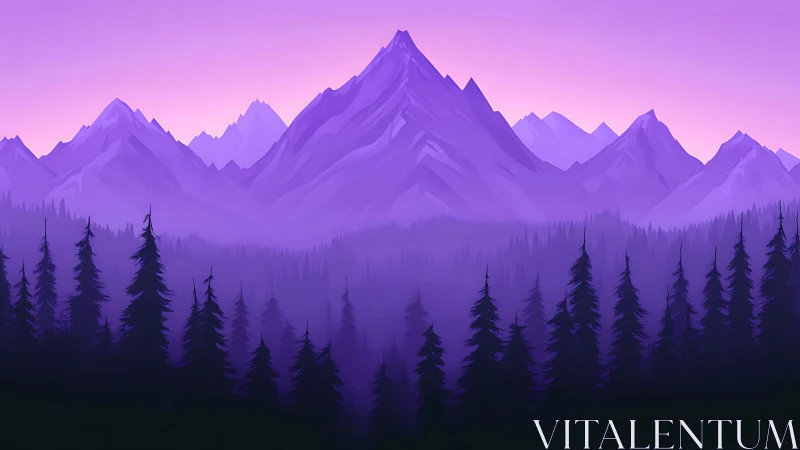 Layered purple mountains and conifer forest silhouette landscape.
