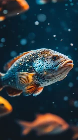 Spotted fish in sharp underwater close-up against dark water.