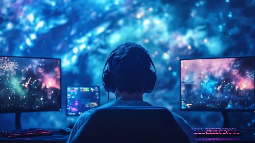 Person uses triple-monitor gaming workstation in dark room