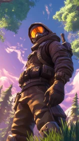 Armored figure in forest landscape under clear sky.