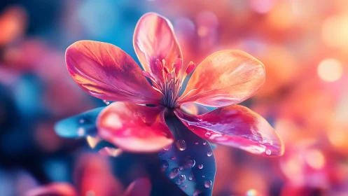 Macro Floral Study: Pink Petaled Blossom with Dewy Pistil and Chromatic Depth of Field