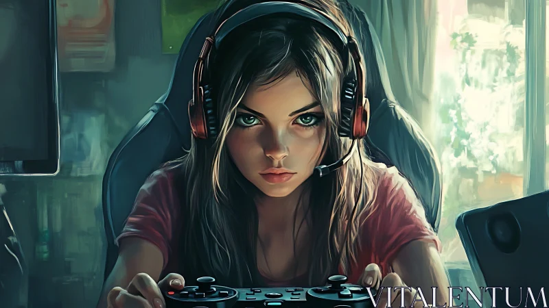 Headset user operates game controller in indoor setup