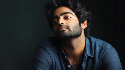 Young bearded man in blue shirt against dark background.