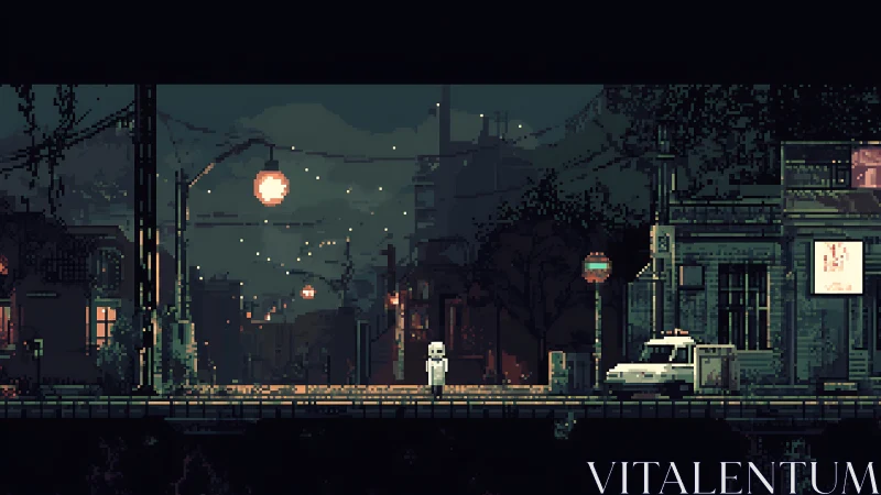 Solitary robot waits on neon street in moody pixel dusk