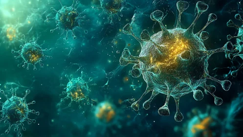 Microscopic viral particles rendered as luminous 3D biomorphic spheres