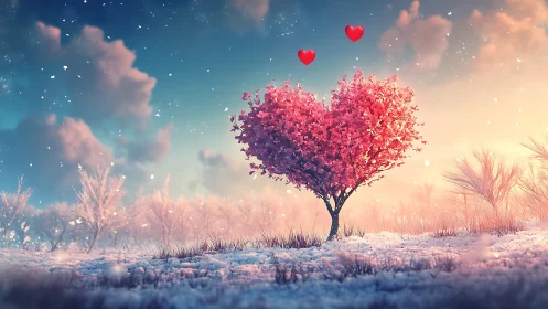 Heart-Shaped Tree in Snowy Landscape with Floating Hearts