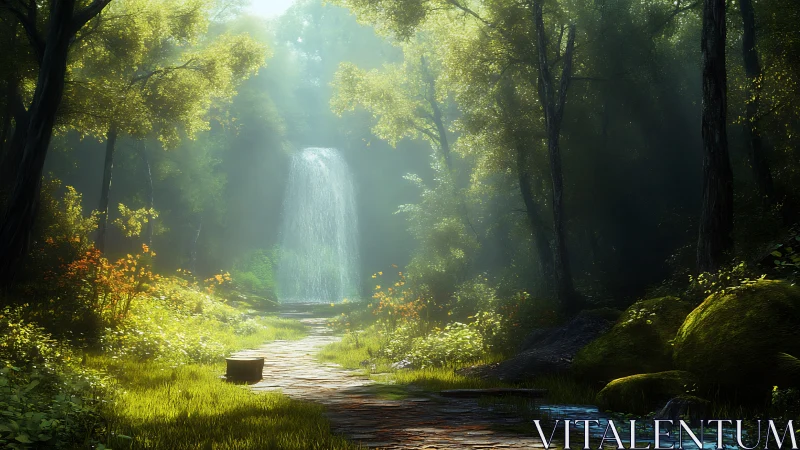 Waterfall Through Forest Canopy with Stream and Moss.