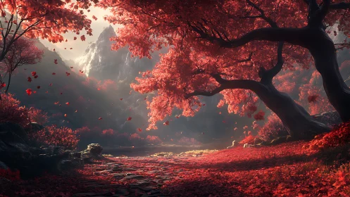 Crimson forest valley under snowcapped mountain light.