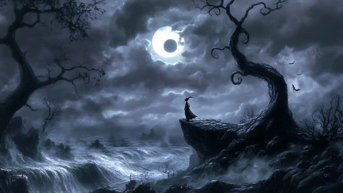 Moonlit witch on stormy cliff beneath twisted trees.