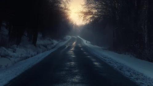 Photoreal winter roadscape with luminous vanishing point.