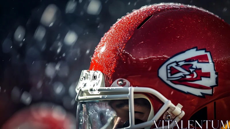 Close-up red football helmet with rain droplets in game