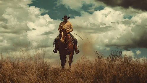 Solitary cowboy on horseback crossing dry grassland.