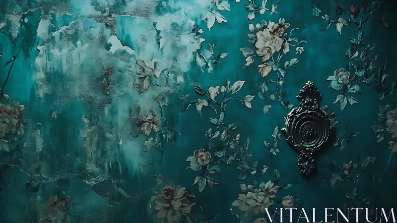 Distressed teal floral wall with ornate metallic medallion accent