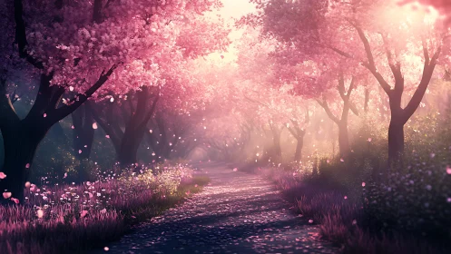 Radiant spring corridor under volumetric pink blossom canopy.