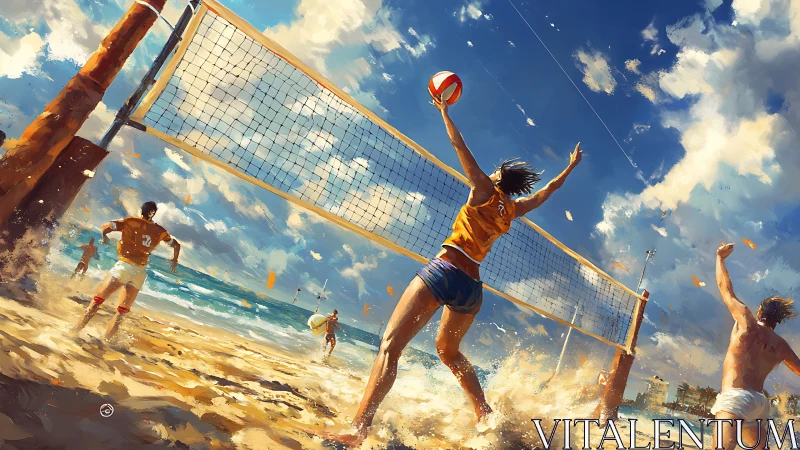 Dynamic beach volleyball match under vivid blue sky.