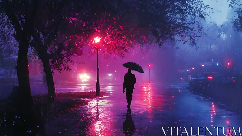Solitary figure walks neon city street under night rain.
