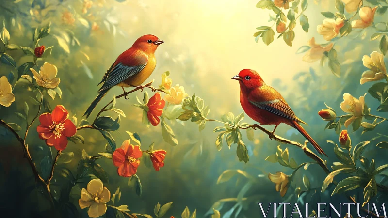 Two Vibrant Red Birds on Flowering Branches, Realistic Art Style.