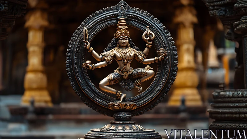 Bronze Nataraja sculpture framed by ornate circular halo.