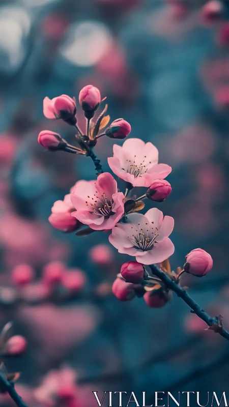 Cherry blossom branch with pink blooms and unopened buds against soft bokeh.