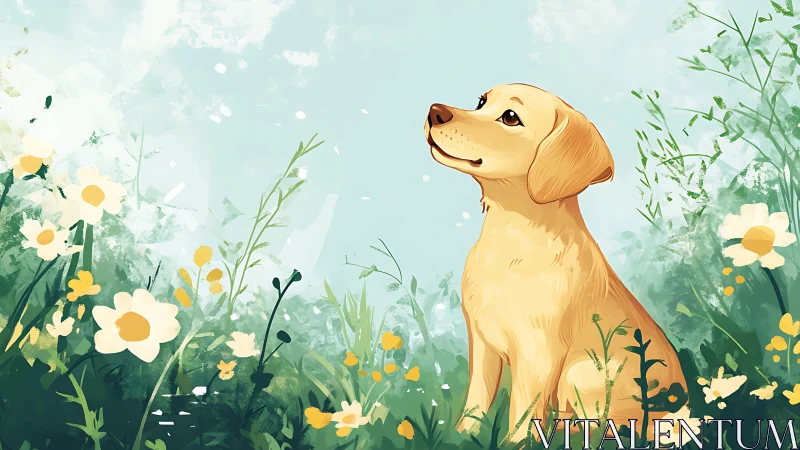 Golden puppy sitting in wildflower meadow illustration.