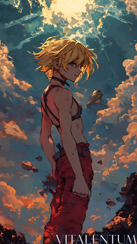 Sunlit warrior stands defiant amid burning evening clouds