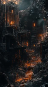 Underground Cavern City Glowing With Molten Fire and Ancient Architecture