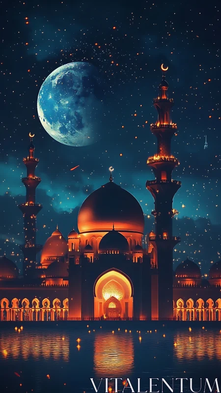 Nighttime mosque under large moon with reflective water.