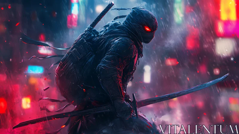 Masked swordsman stands in neon cityscape under rainfall
