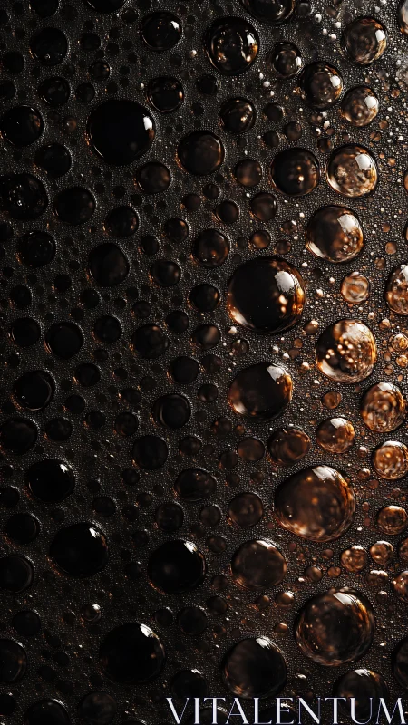 Macro view of clustered dark liquid bubbles on surface.