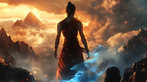 Mystic warrior surveys volcanic cloudscape in cinematic chiaroscuro