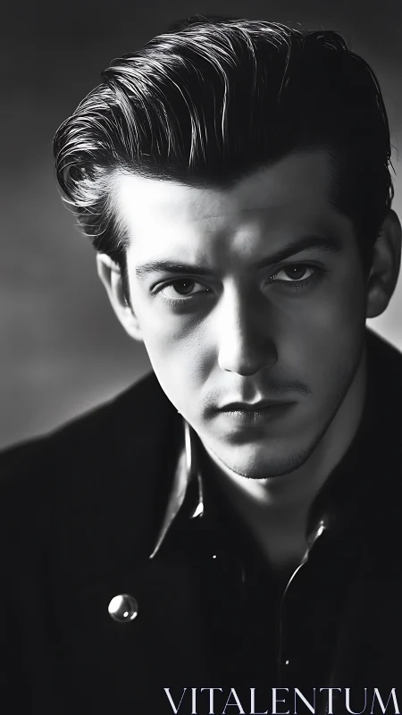 Moody monochrome portrait with slicked-back hair and stare.