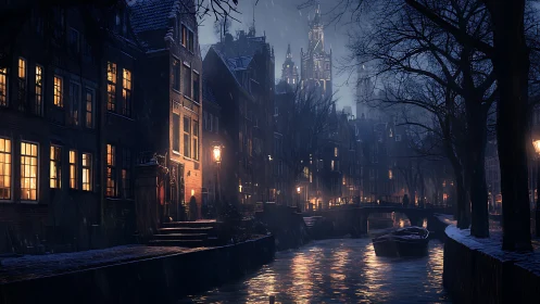 Canal street houses and church tower lit on rainy night