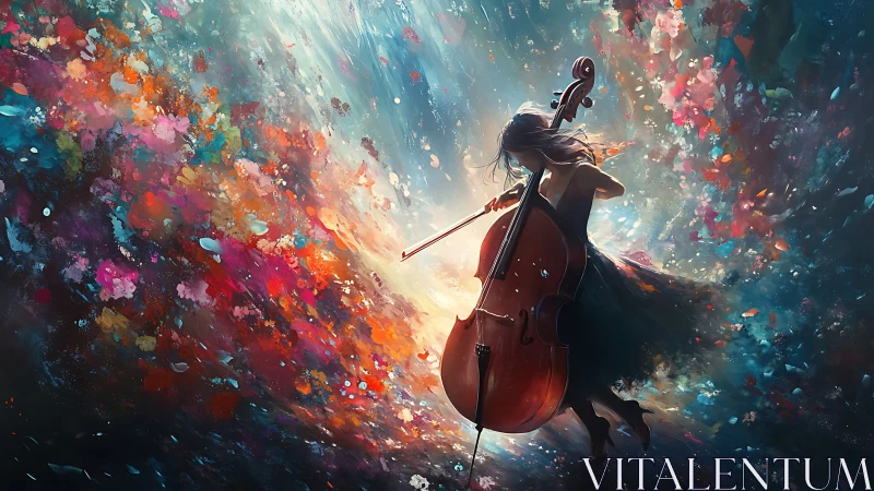 Cellist silhouette amid abstract multicolor paint vortex.
