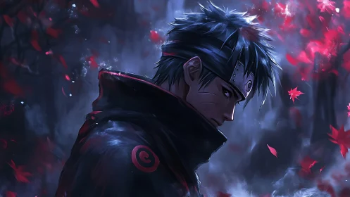 Side-lit anime warrior in dark cloak amid drifting red foliage