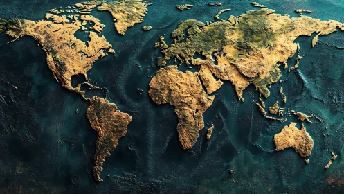 Textured world map relief with landmasses on dark ocean.