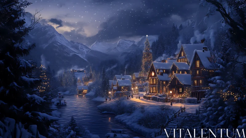 Snowy alpine village glows with warm winter holiday lights