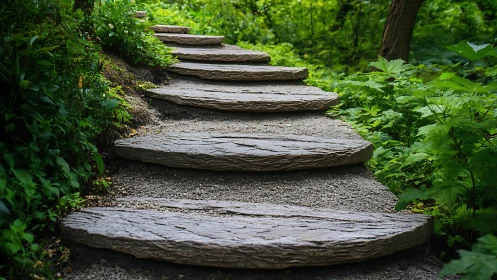 Stone garden steps rise through dense green vegetation