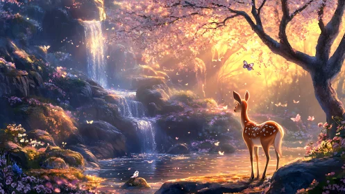 Fawn under cherry blossoms beside tiered forest waterfall at dusk