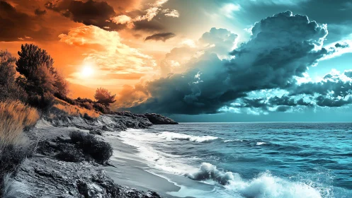 Bifurcated coastal seascape contrasts warm sunset and cyan storm