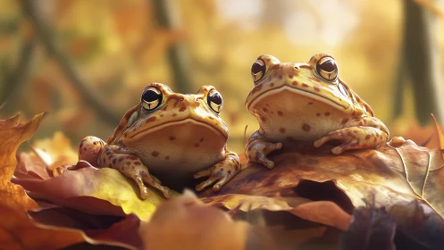 Photorealistic twin frogs on autumn leaf bed, shallow focus.