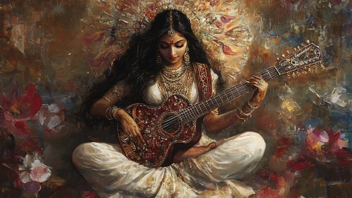 Lotus strings and celestial gold: serene goddess guitarist.