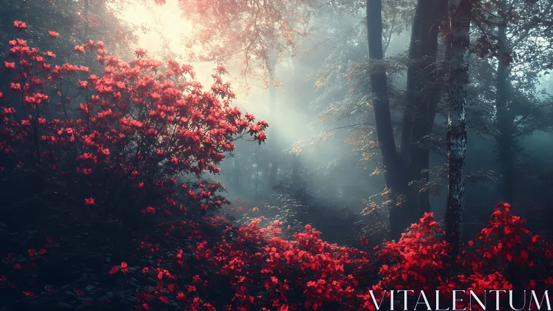 Red Flowers in Misty Forest Clearing