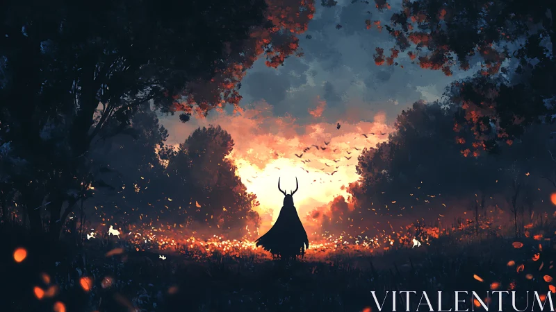 Horned wanderer meets a burning sunset at the forest edge