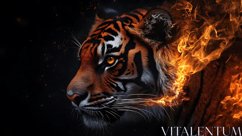 Fiery tiger gaze glows warmly against the deep night sky