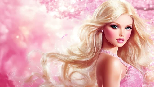 Soft pink dream girl gazes gently through flowing golden hair